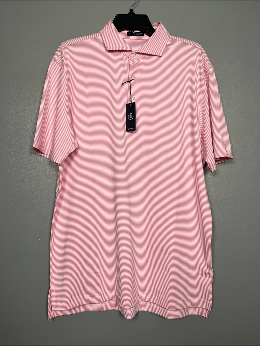 NWT Turtleson Men’s Stripe Performance Polo Golf Shirt Pink White Size M
